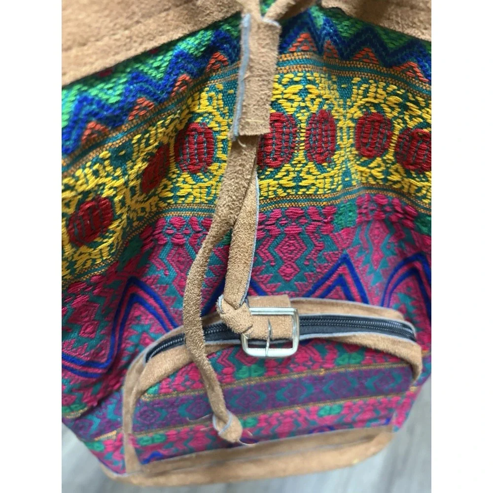 Multicolor Geometric Bohemian Backpack Drawstring Buckle Zip Pockets Women's
